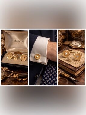 Vintage Dante Cultured Pearl Cufflinks & Tie Tack Set | Gold Tone Formal Jewelry